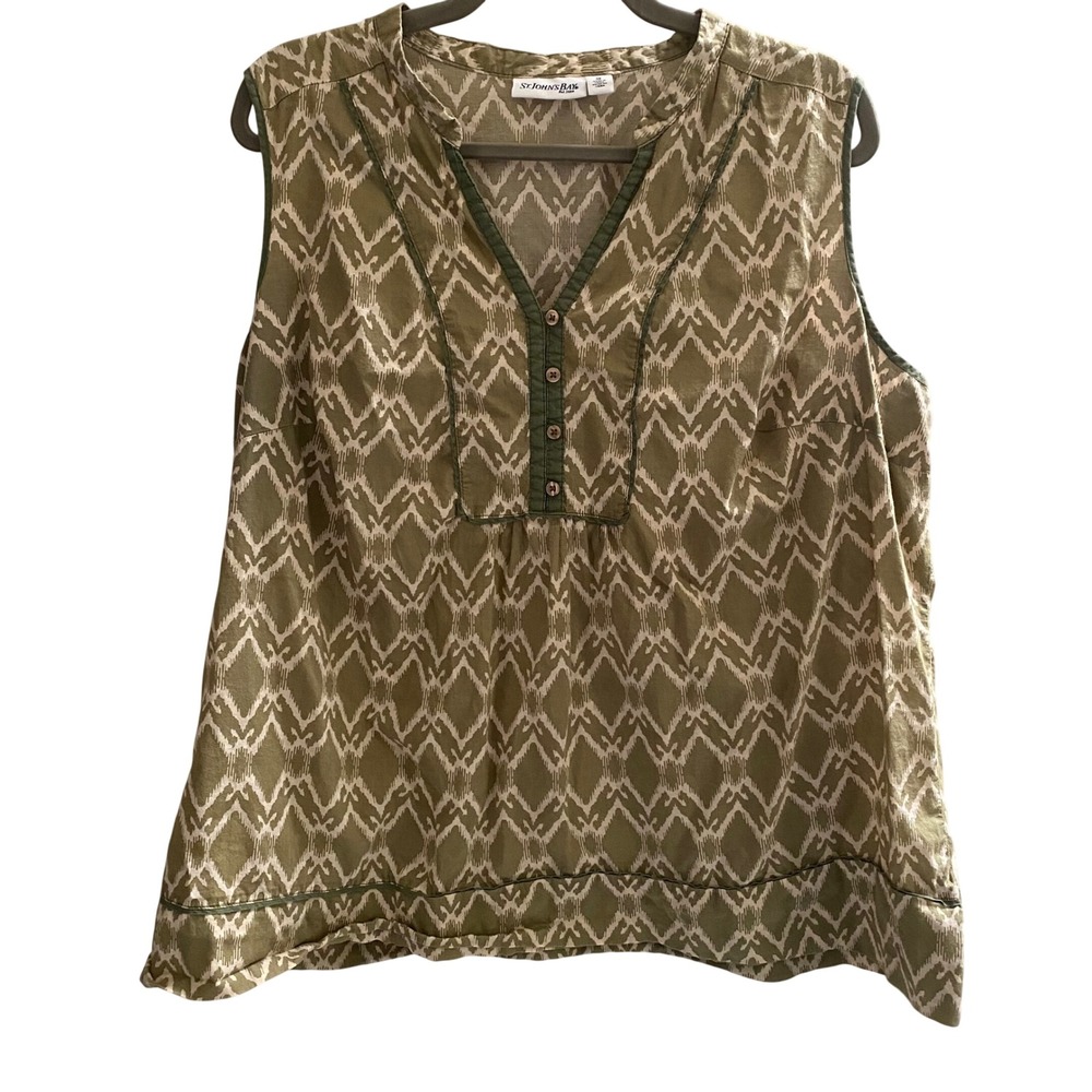 St Johns Bay Womens 3X Olive Green Ikat Sleeveless 100% Cotton Split Neck Top